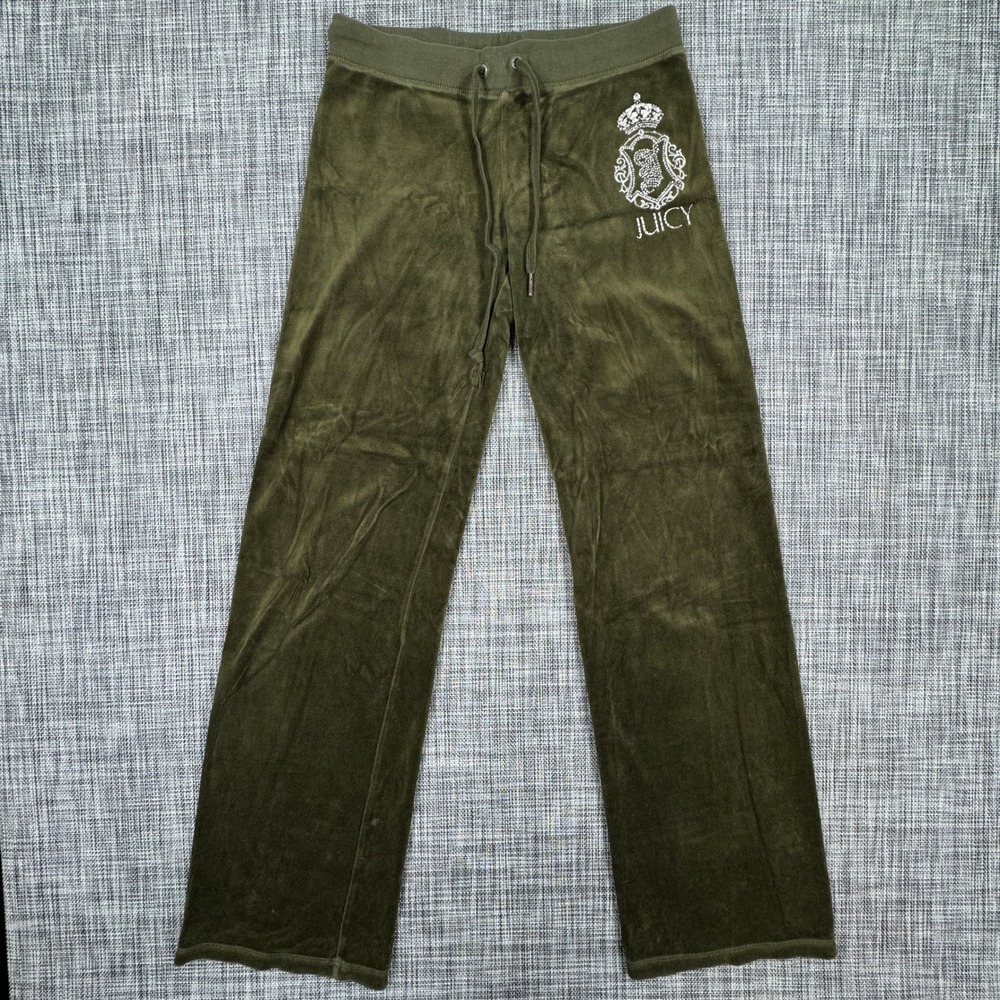 Juicy Couture Womens P XS Velour Track Pants Olive Green Rhinestone Crest Logo